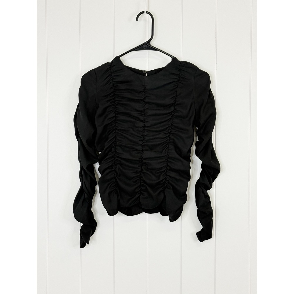 Topshop Ruched Long Sleeve Blouse NWT Women 2 Black Goth Edgy Chic